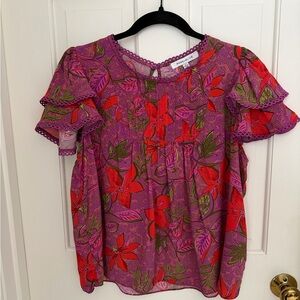 Floral Ruffle Sleeve Top - Pink and Red